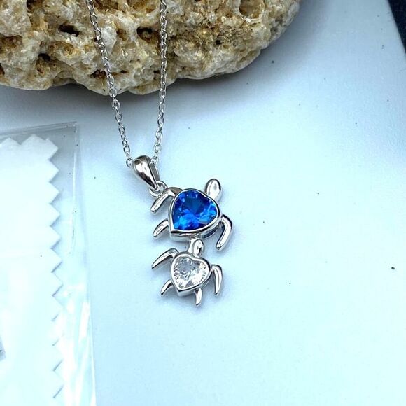 Sterling Silver Mom and Baby Turtle CZ Heart Necklace - Picture 3 of 8